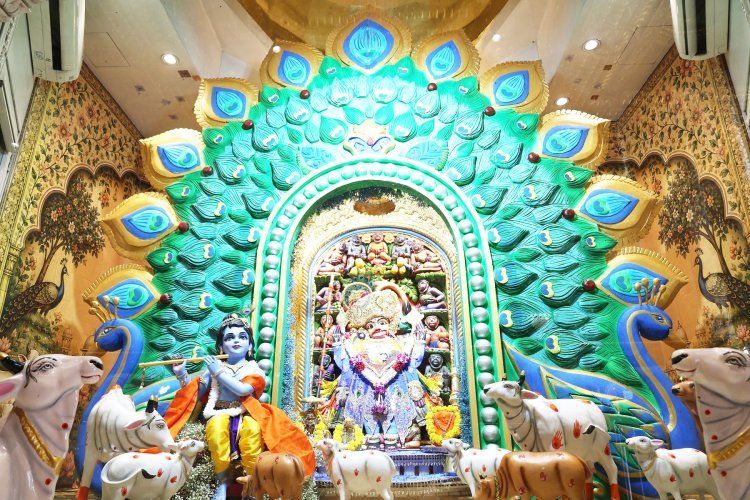 પુરૂષોત્તમ માસ નિમિતે શ્રી કષ્ટભંનજનદેવ દાદાને જન્માષ્ટમી થીમ ઉપર મનોહર મોરપિચ્છનો દિવ્ય શણગાર